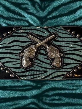 Aqua Zebra Print Crossed Pistols Embellished Wallet